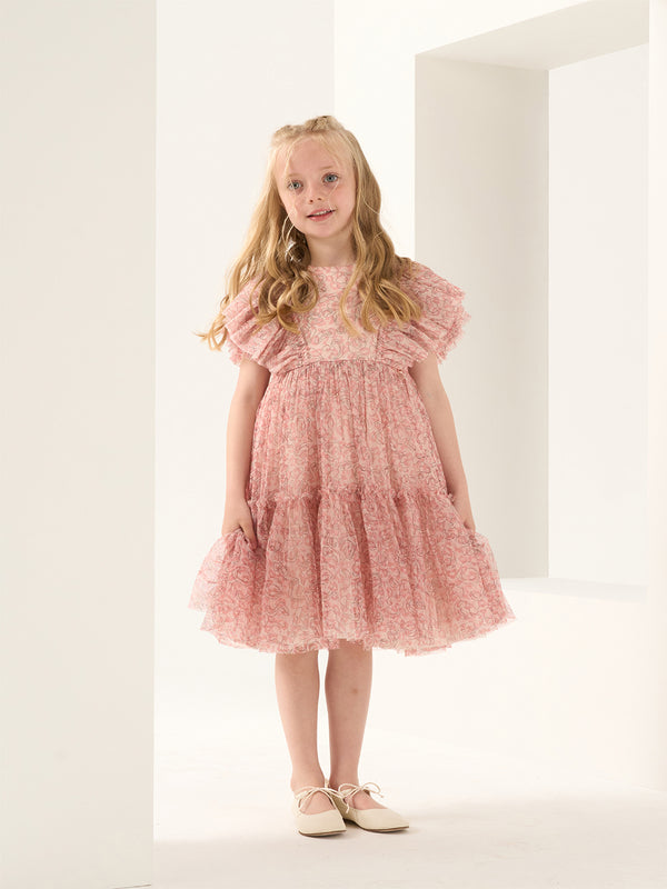 Girls Pink Leopard Printed Mesh Dress