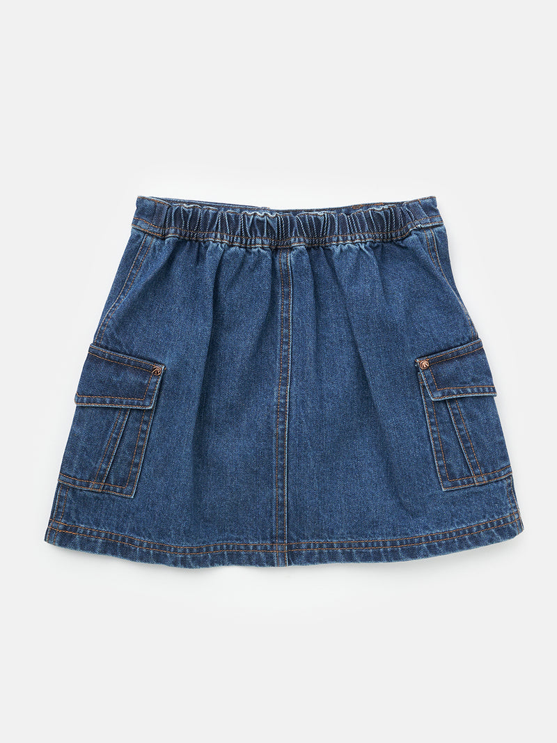 Girls Cotton Blue Denim Cargo Skirt