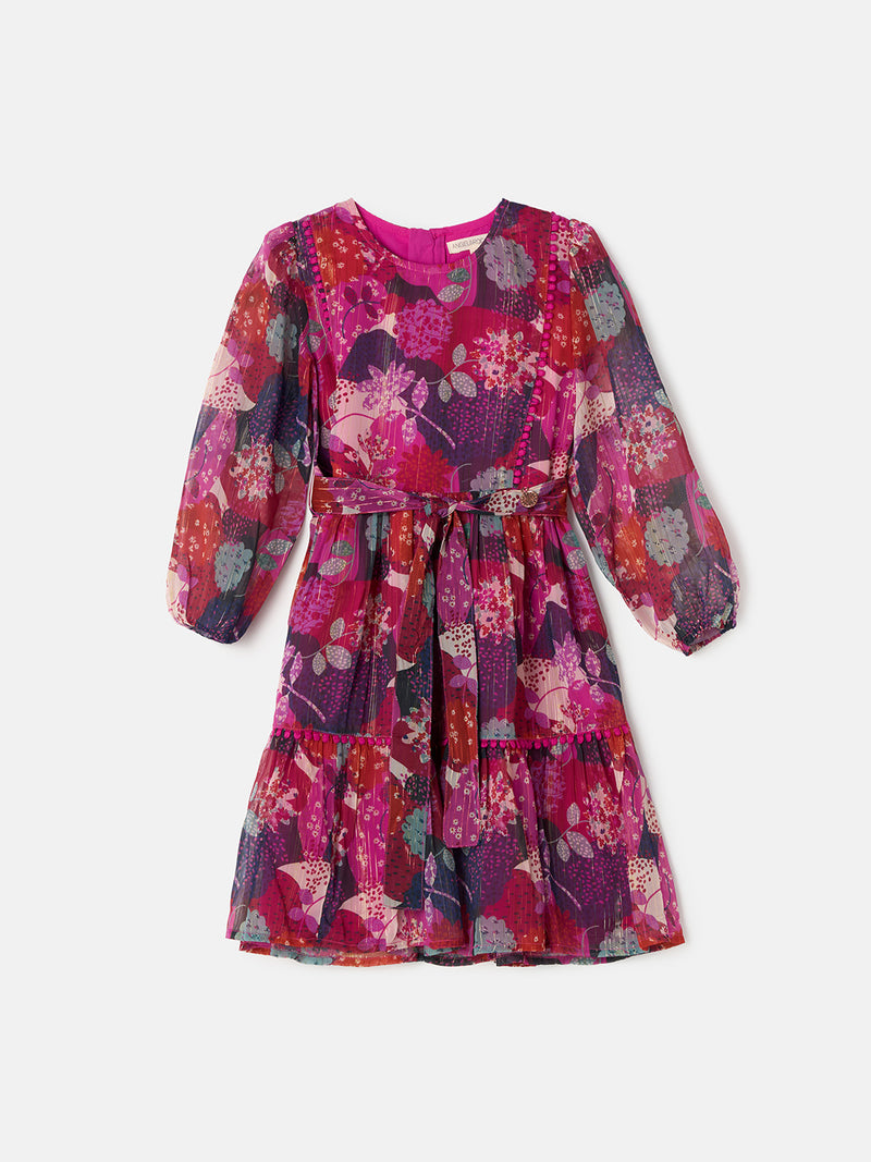 Girls Pink Floral Print with Belted Patchwork Dress