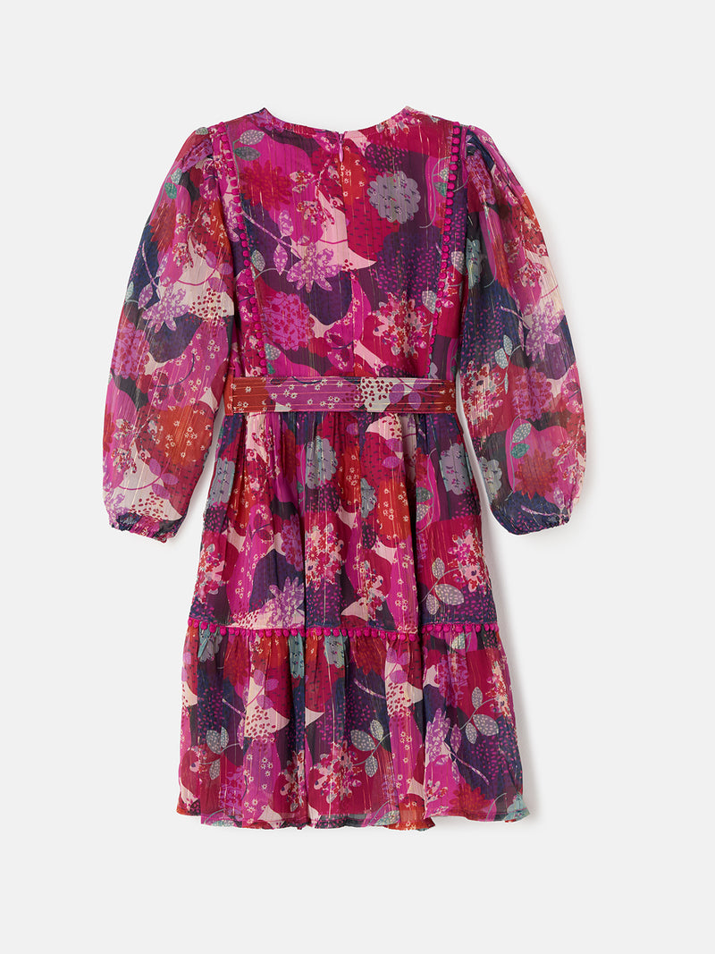 Girls Pink Floral Print with Belted Patchwork Dress