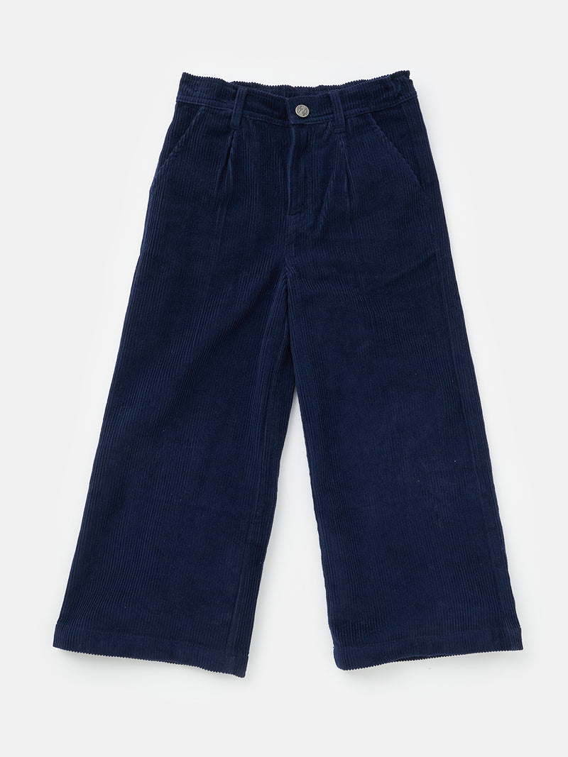 Girls Navy Self Textured Wide Leg Trousers