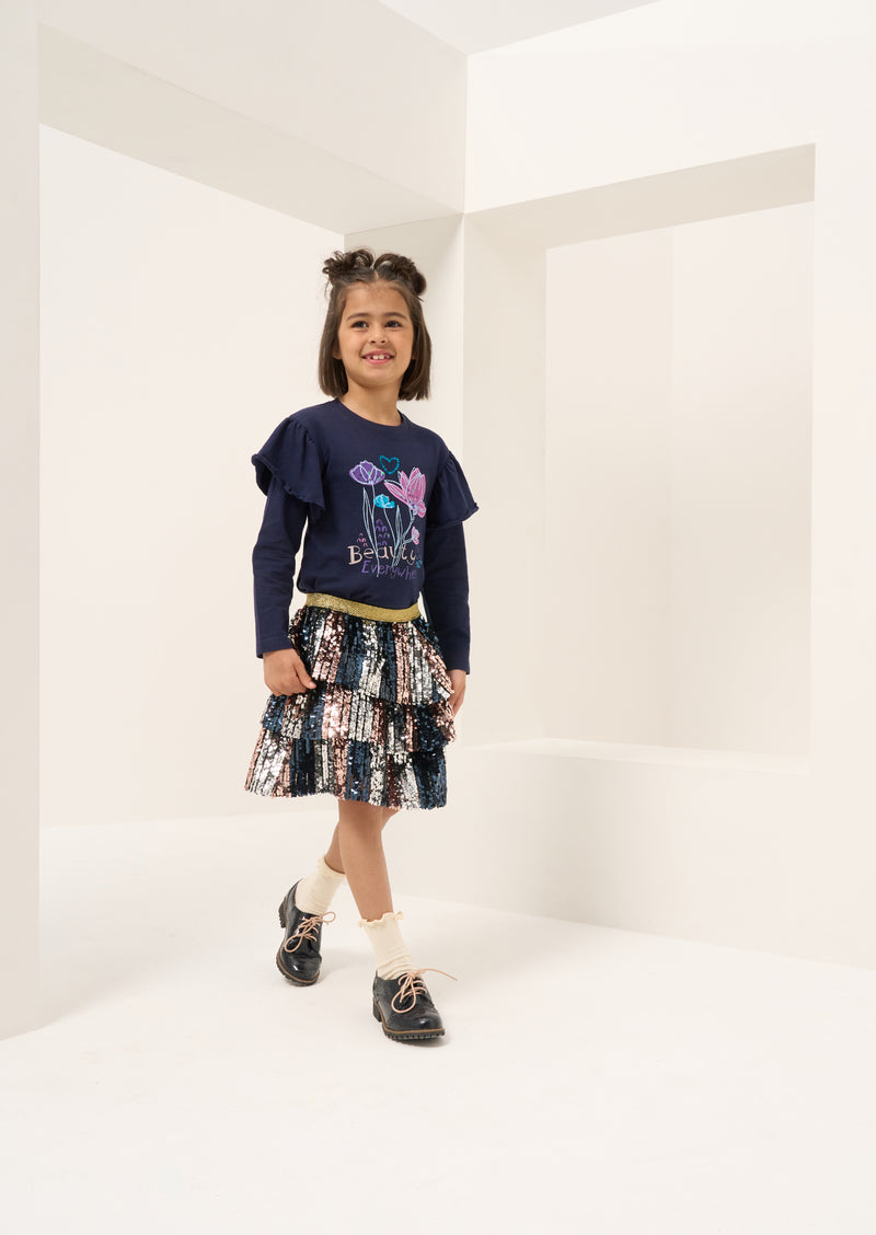 Girls Floral Embroidered Full Sleeves Cotton Navy Top