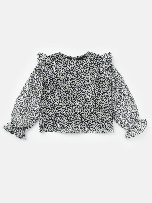 Girls Georgette Printed Ruffle Sleeves Black Woven Top