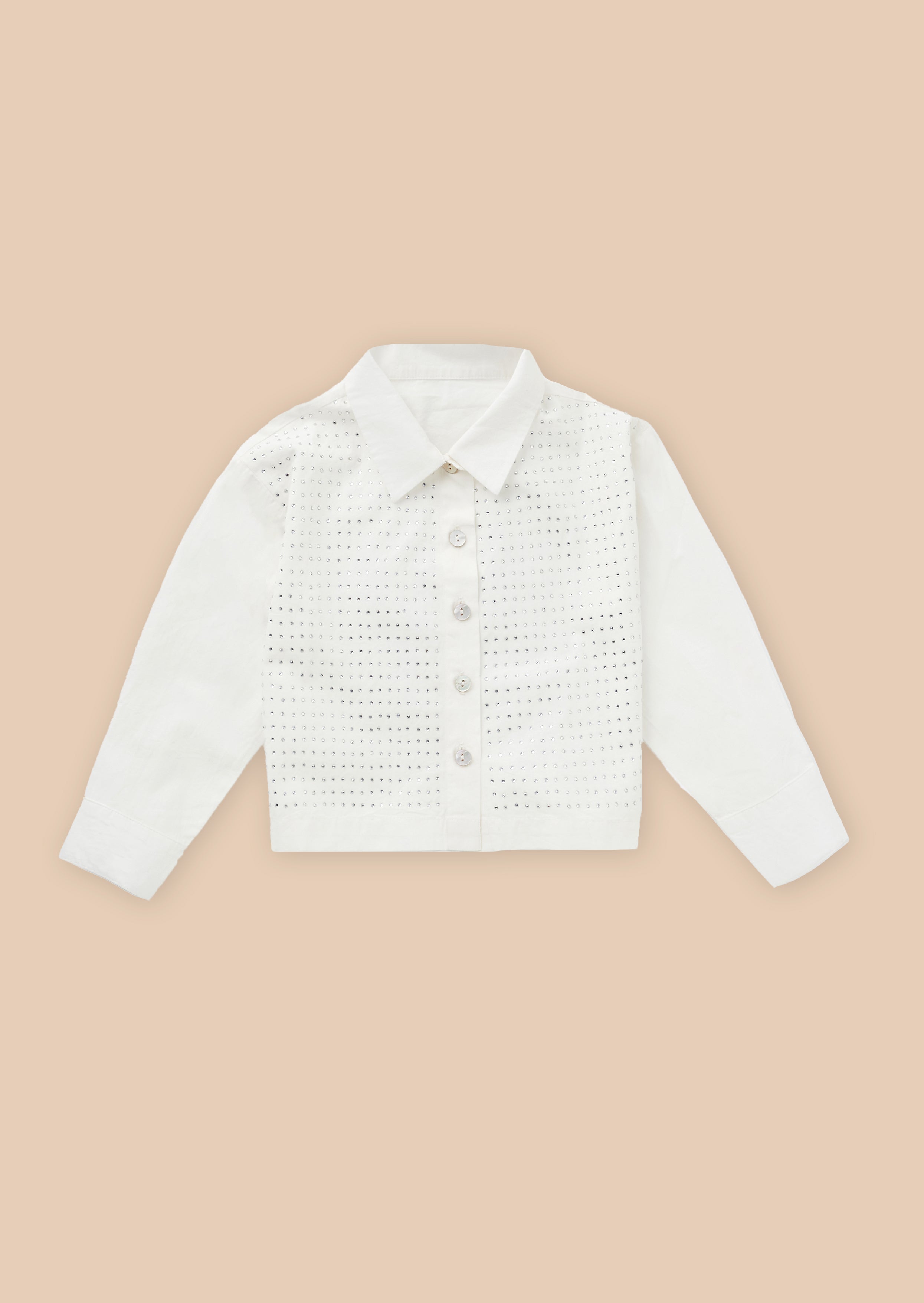 Girls White Diamonte Printed Full Sleeves Shirt