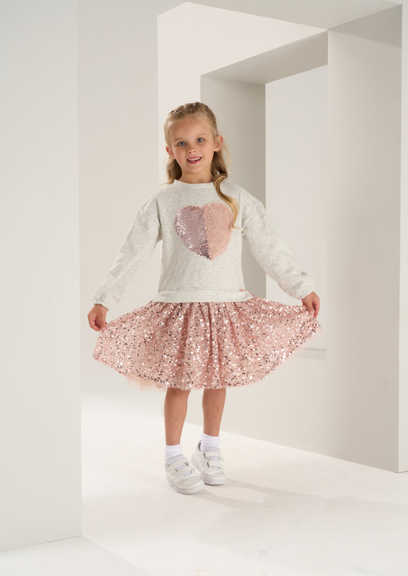 Girls Sweat Dress with Sequins Embellished Skirt