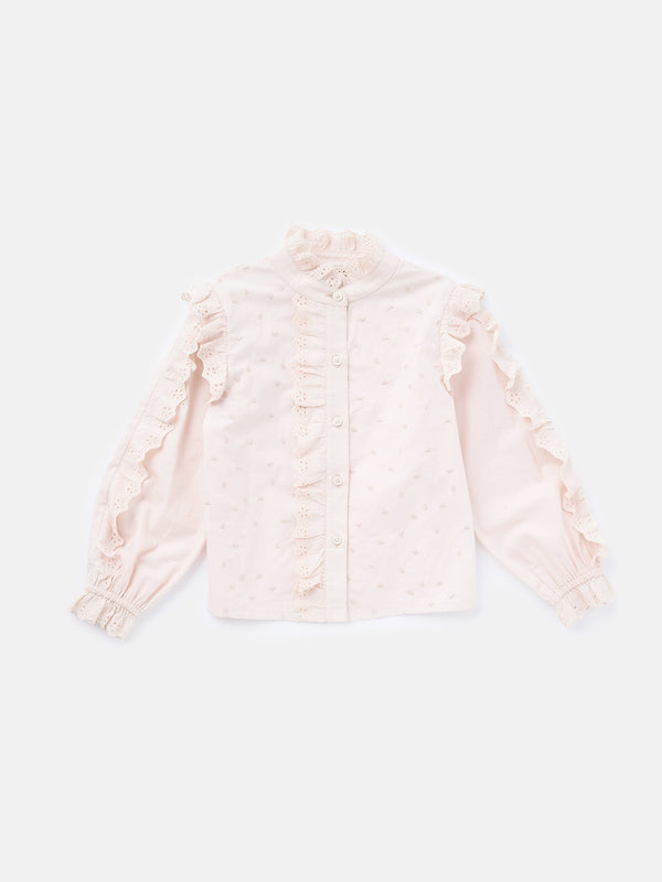 Girls Cotton Pink Full Sleeves Embroidered Frill Top