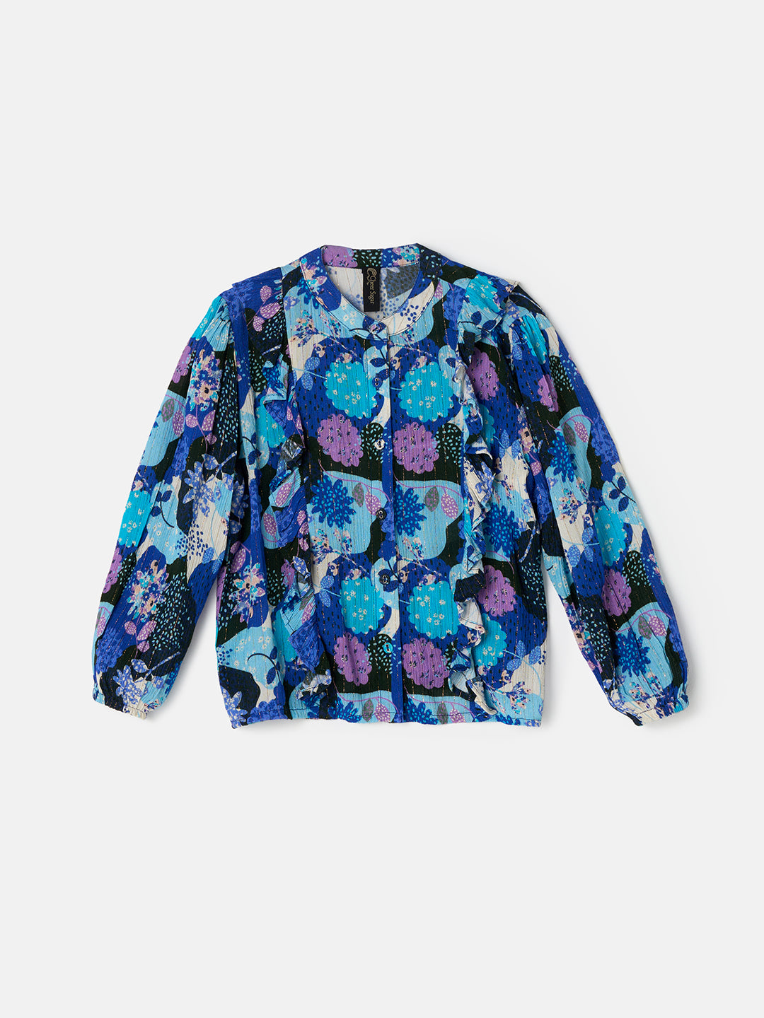 Girls Floral Printed Frill Woven Blue Top