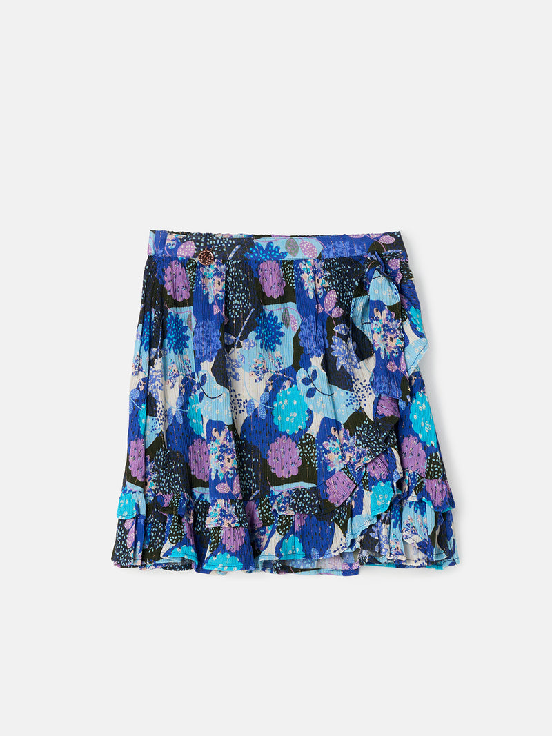 Girls Blue Mock Wrap Frill Pleated Skirt