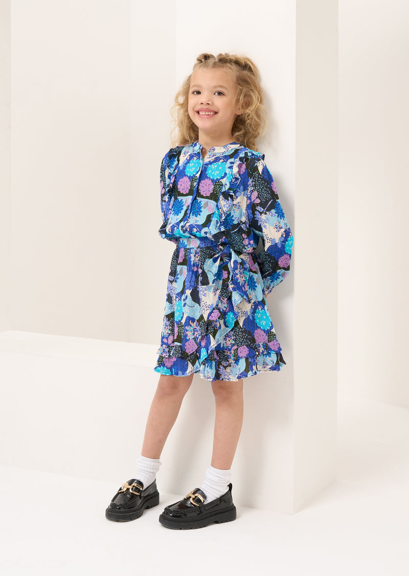 Girls Blue Mock Wrap Frill Pleated Skirt