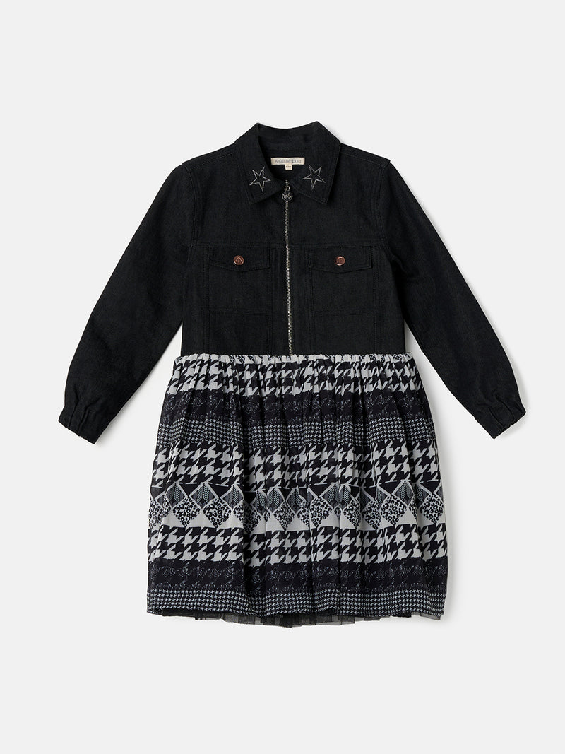 Girls Black Denim Jacket Checkered Skirt Dress
