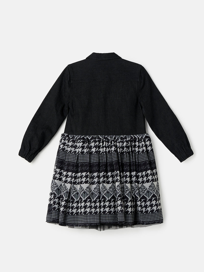 Girls Black Denim Jacket Checkered Skirt Dress