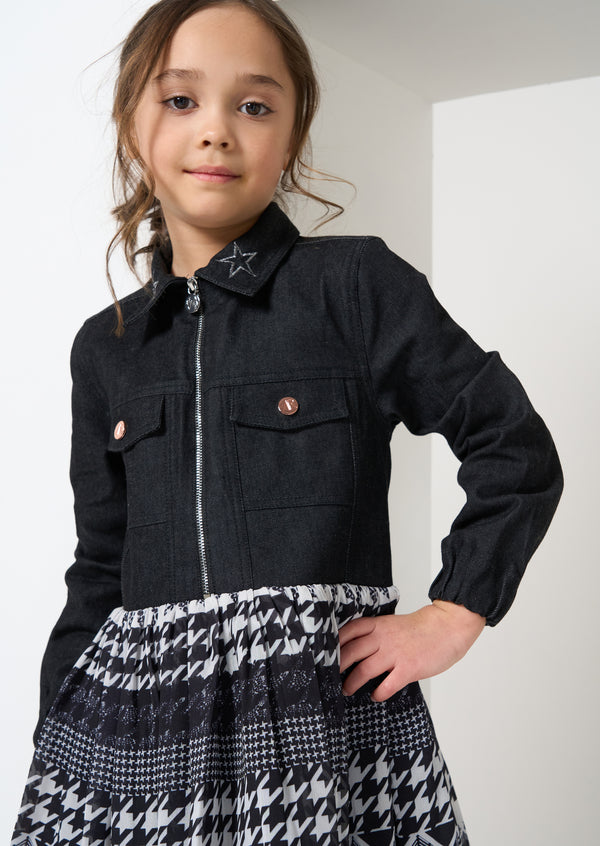 Girls Black Denim Jacket Checkered Skirt Dress