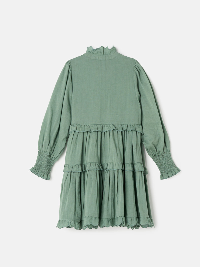 Girls Green Self Textured Vintage Frill Dress