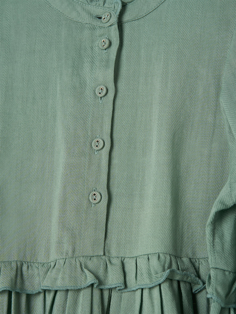 Girls Green Self Textured Vintage Frill Dress