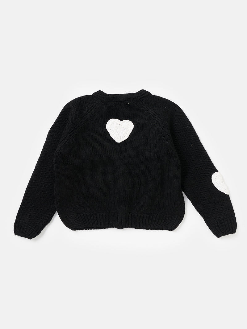 Girls Heart Printed Full Sleeves Black Sweater