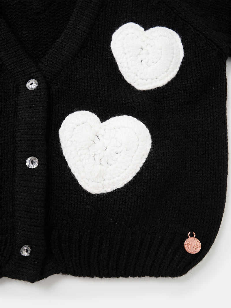 Girls Heart Printed Full Sleeves Black Sweater