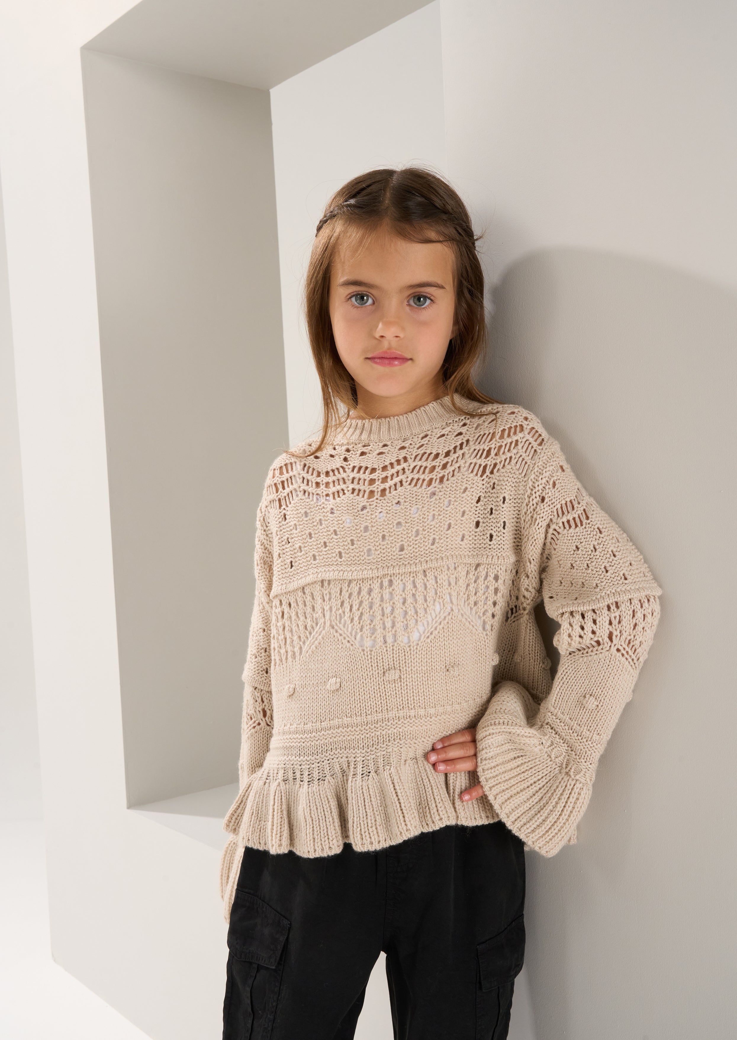 Girls Cream Embroidered Frill Cuff Sleeves Sweater