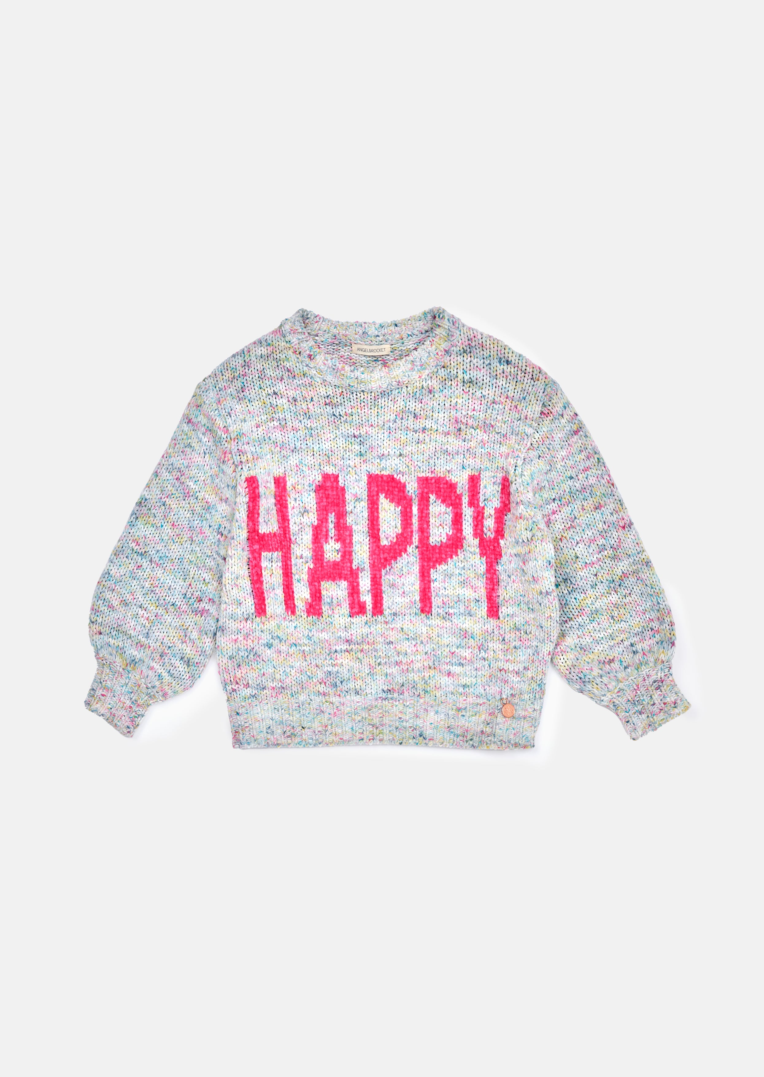 Girls Grey Happy Printed Cuff Sleeves Sweater
