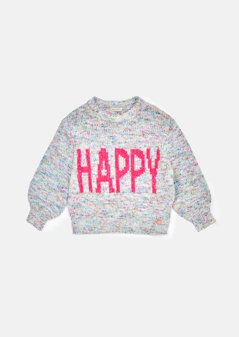 Girls Grey Happy Printed Cuff Sleeve Sweater