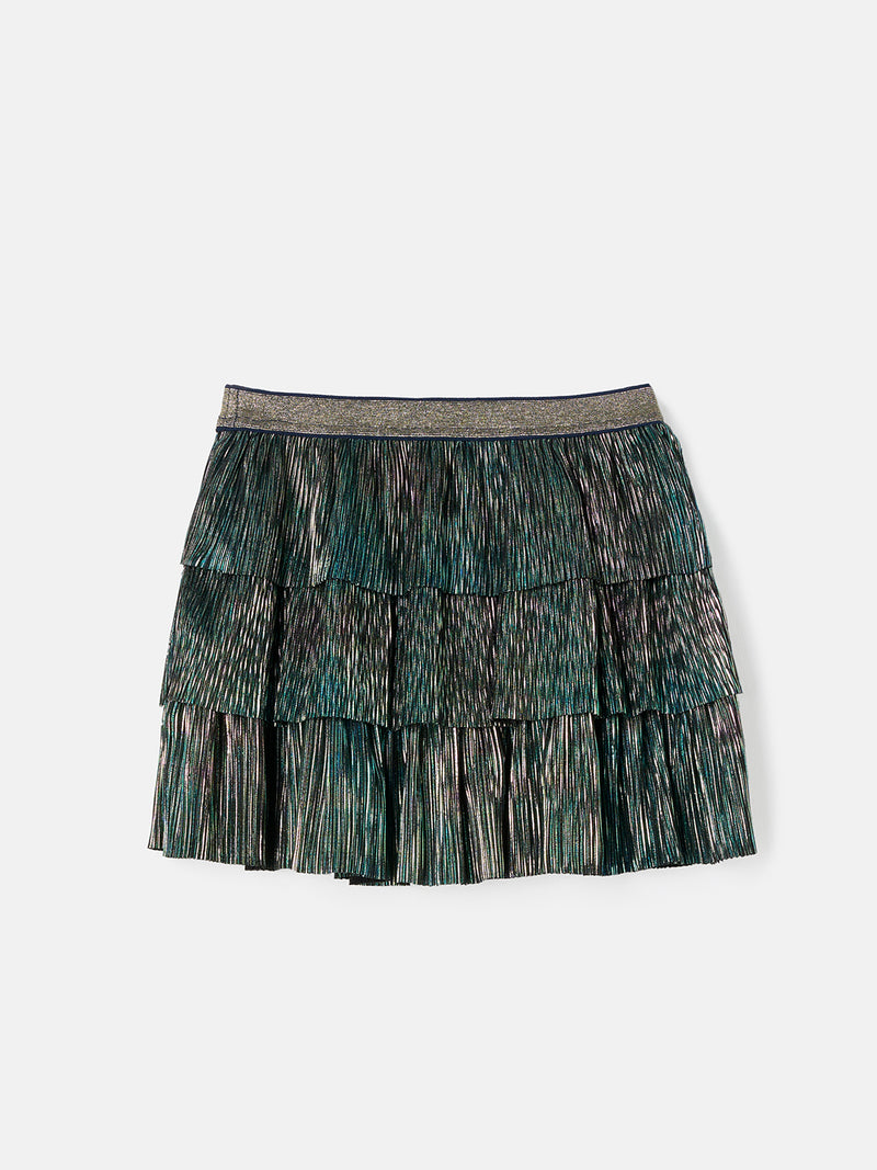 Girls Green Self Textured Plisse Tiered Skirt