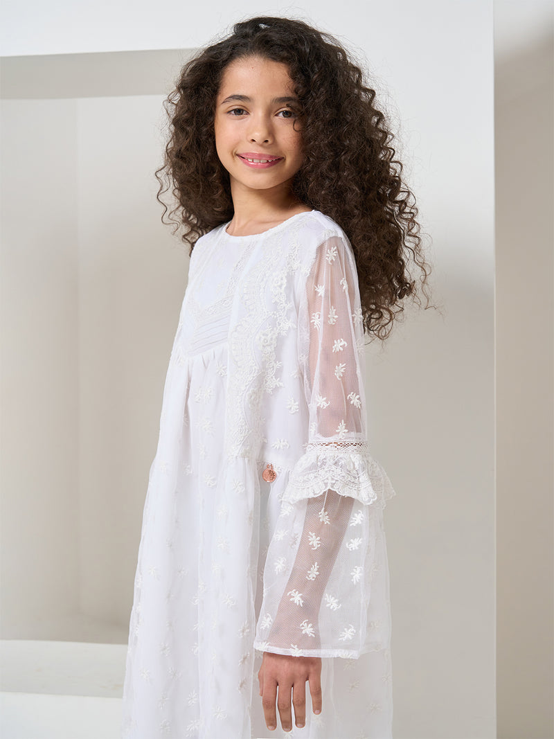 Girls White Floral Embroidered Lace Premium Dress