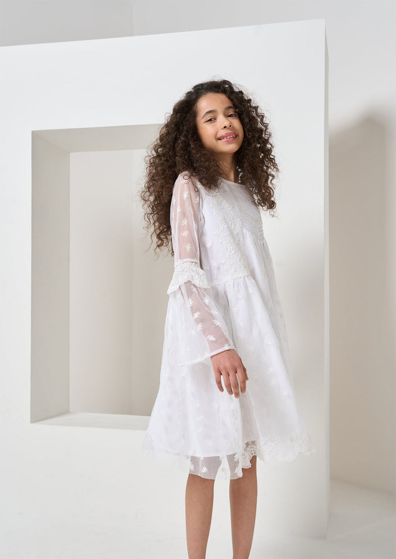 Girls White Floral Embroidered Lace Premium Dress