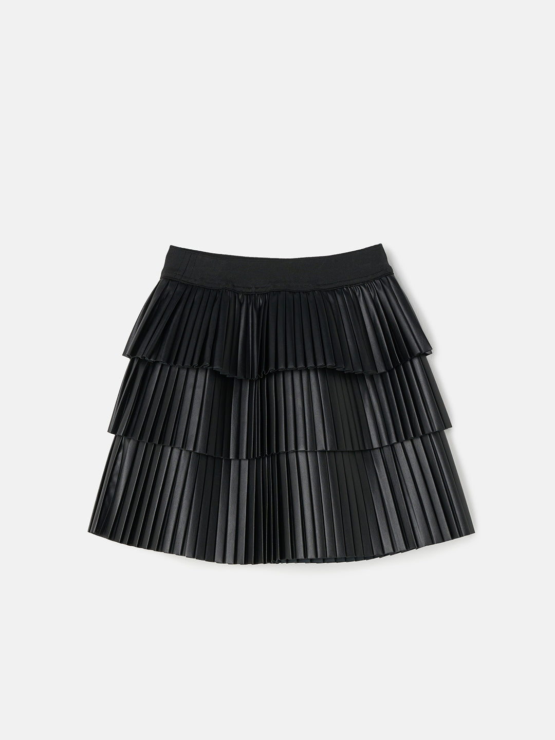 Girls Black Self Textured Plisse Tiered Skirt