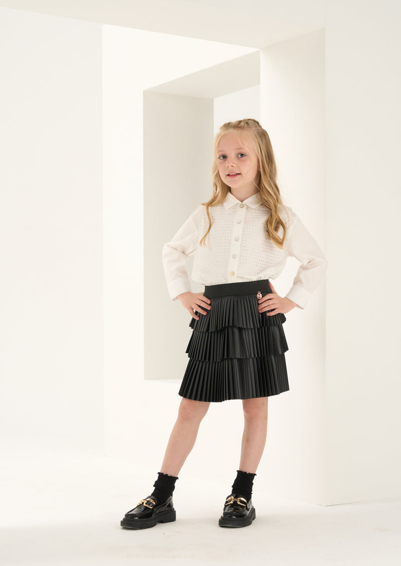 Girls Black Self Textured Plisse Tiered Skirt