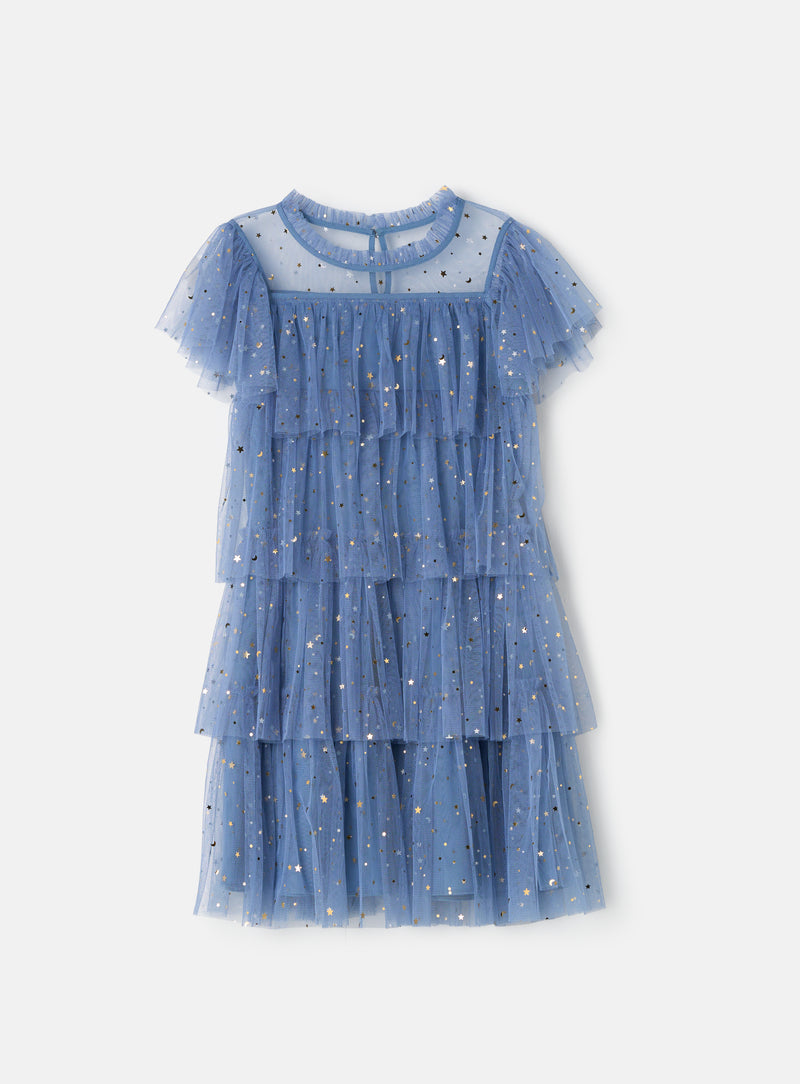 Girls Star Mesh Blue Dress with Butterfly Sleeves