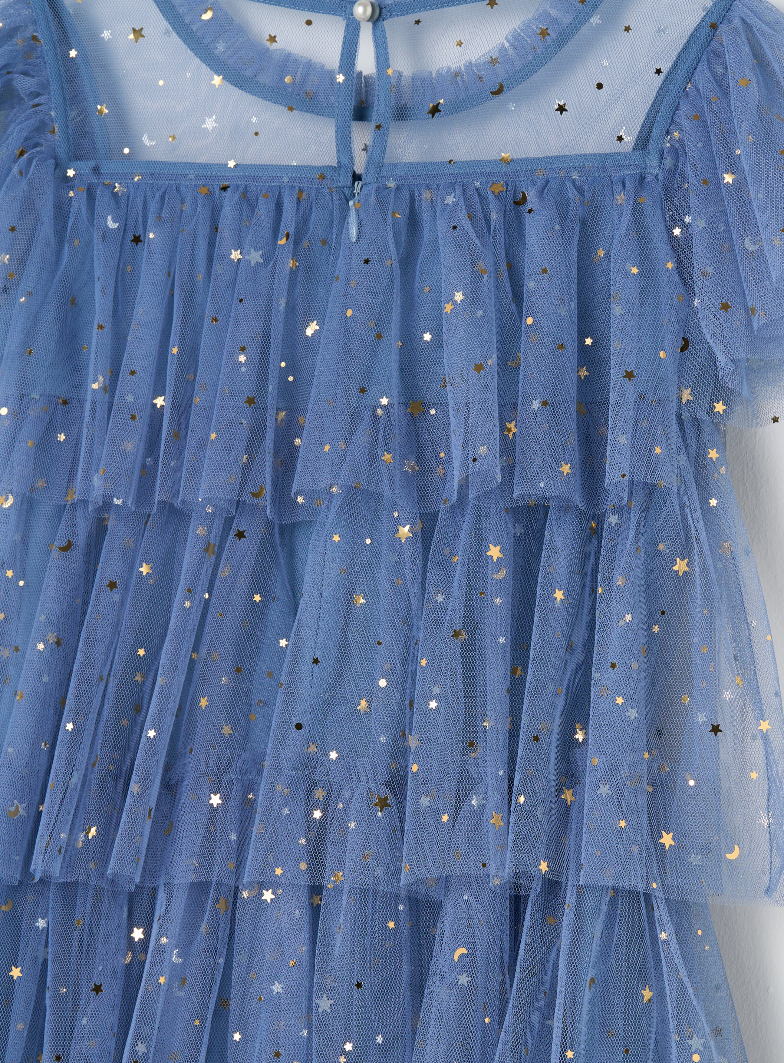 Girls Star Mesh Blue Dress with Butterfly Sleeves