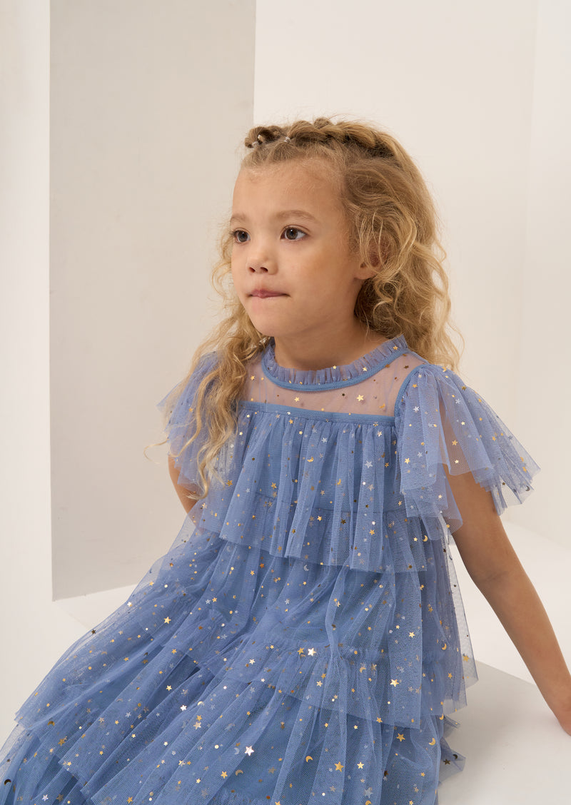 Girls Star Mesh Blue Dress with Butterfly Sleeves
