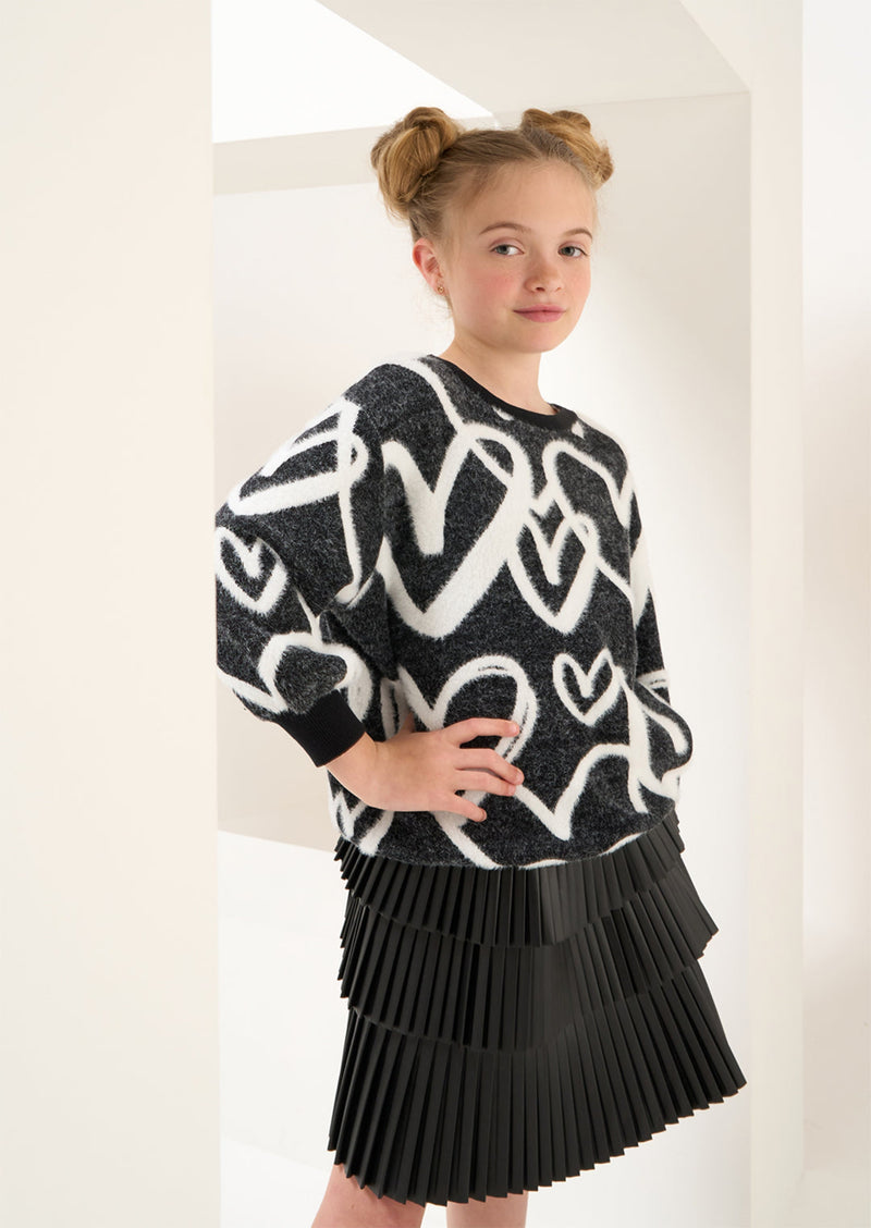 Girls Black and White Heart Printed Cuff Sleeve Sweater