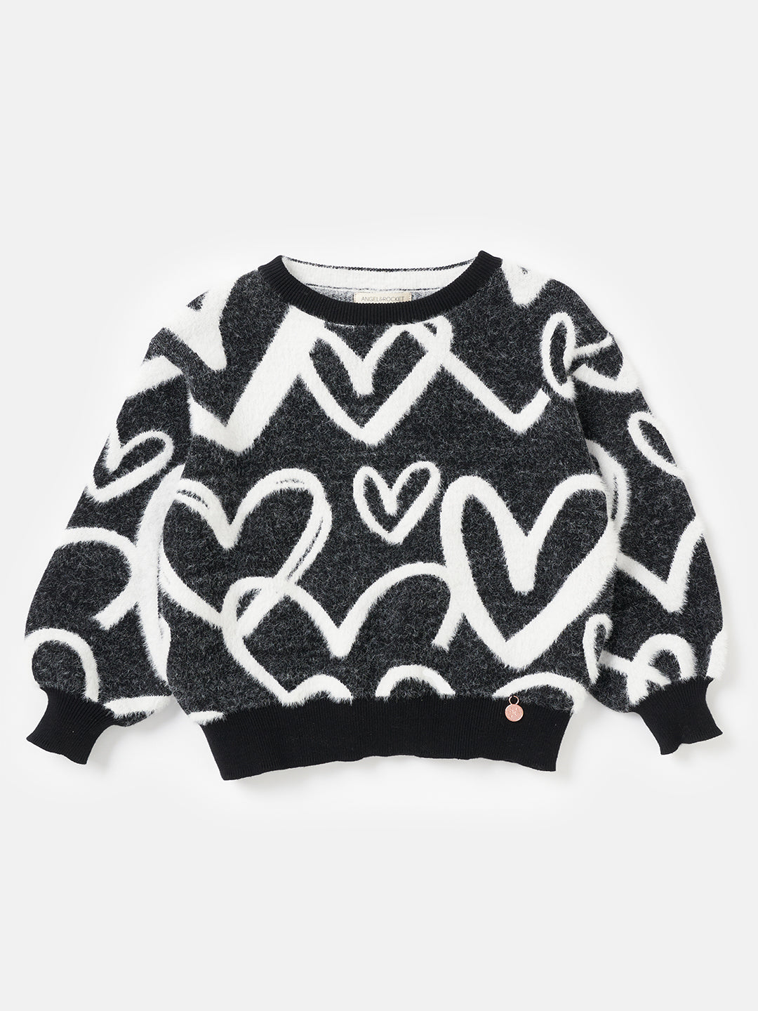 Girls Black and White Heart Printed Cuff Sleeves Sweater