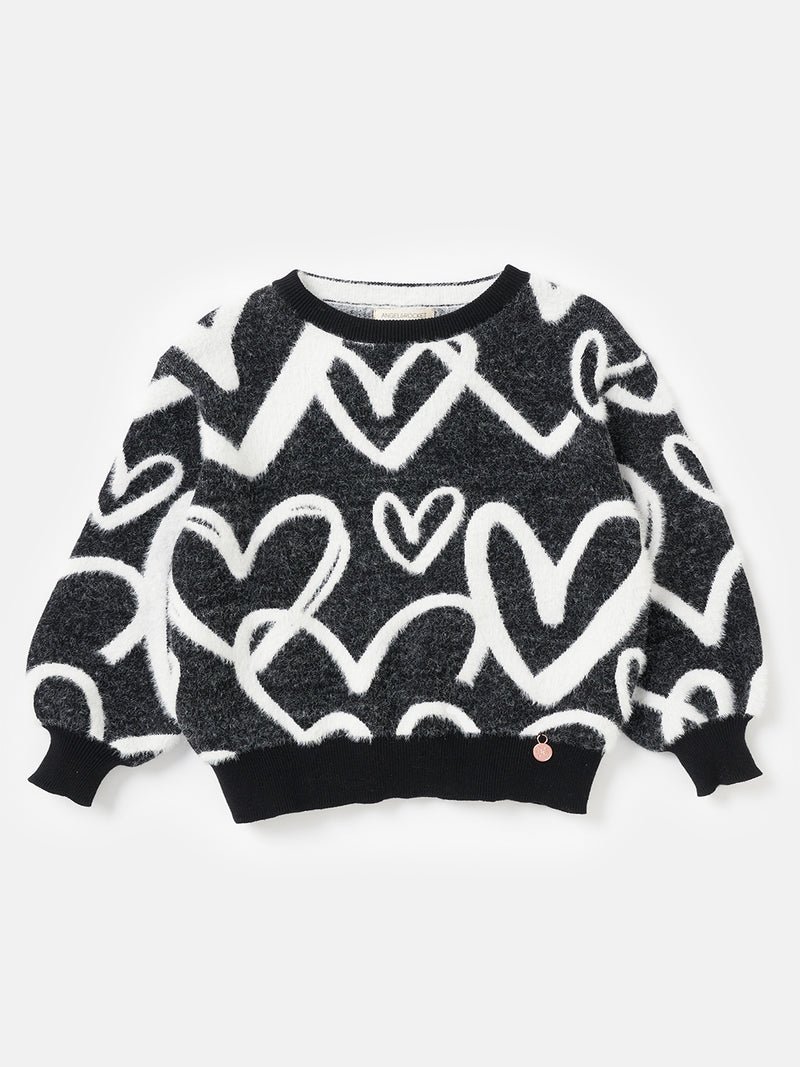 Girls Black and White Heart Printed Cuff Sleeve Sweater