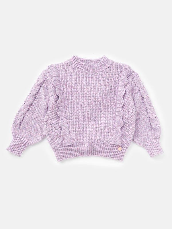 Girls Purple Scalloped Frill Cuff Sleeves Sweater