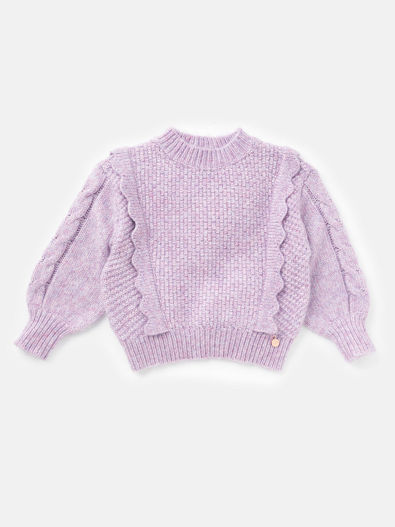 Girls Purple Scalloped Frill Cuff Sleeves Sweater