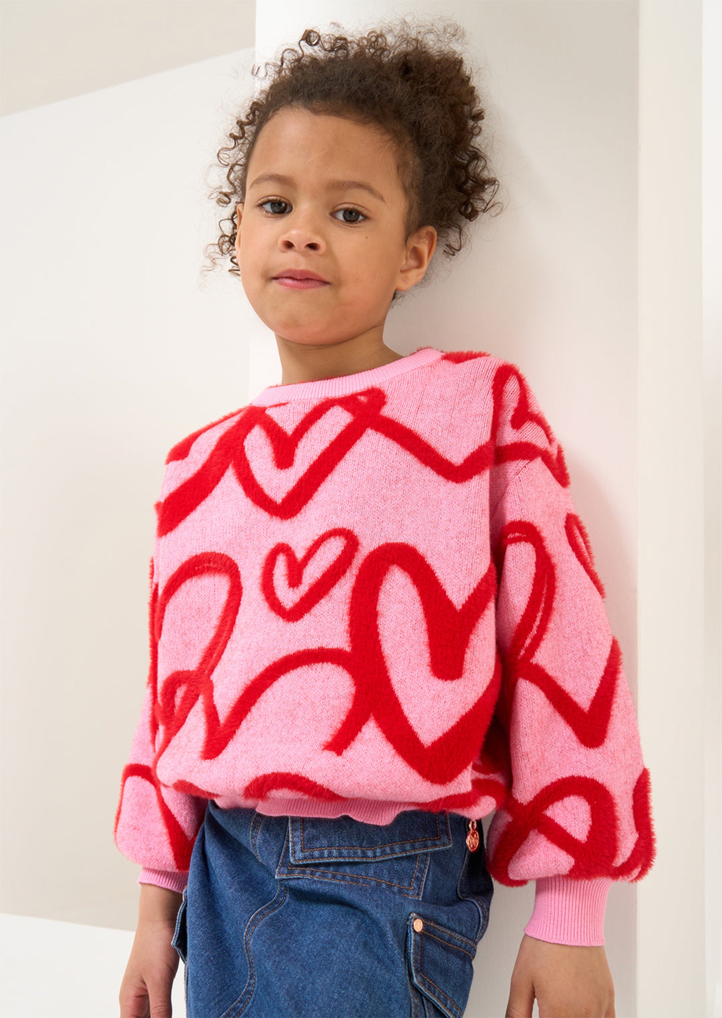 Girls Pink Heart Printed Cuff Sleeves Sweater