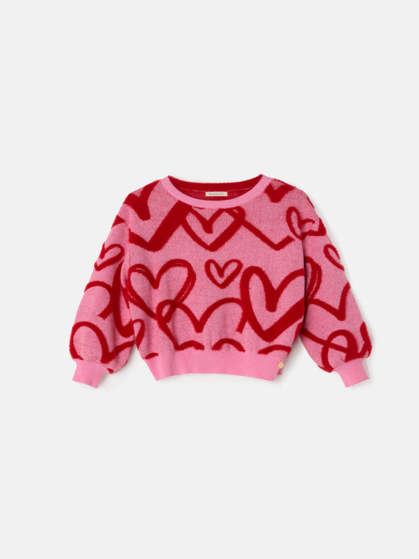 Girls Pink Heart Printed Cuff Sleeve Sweater