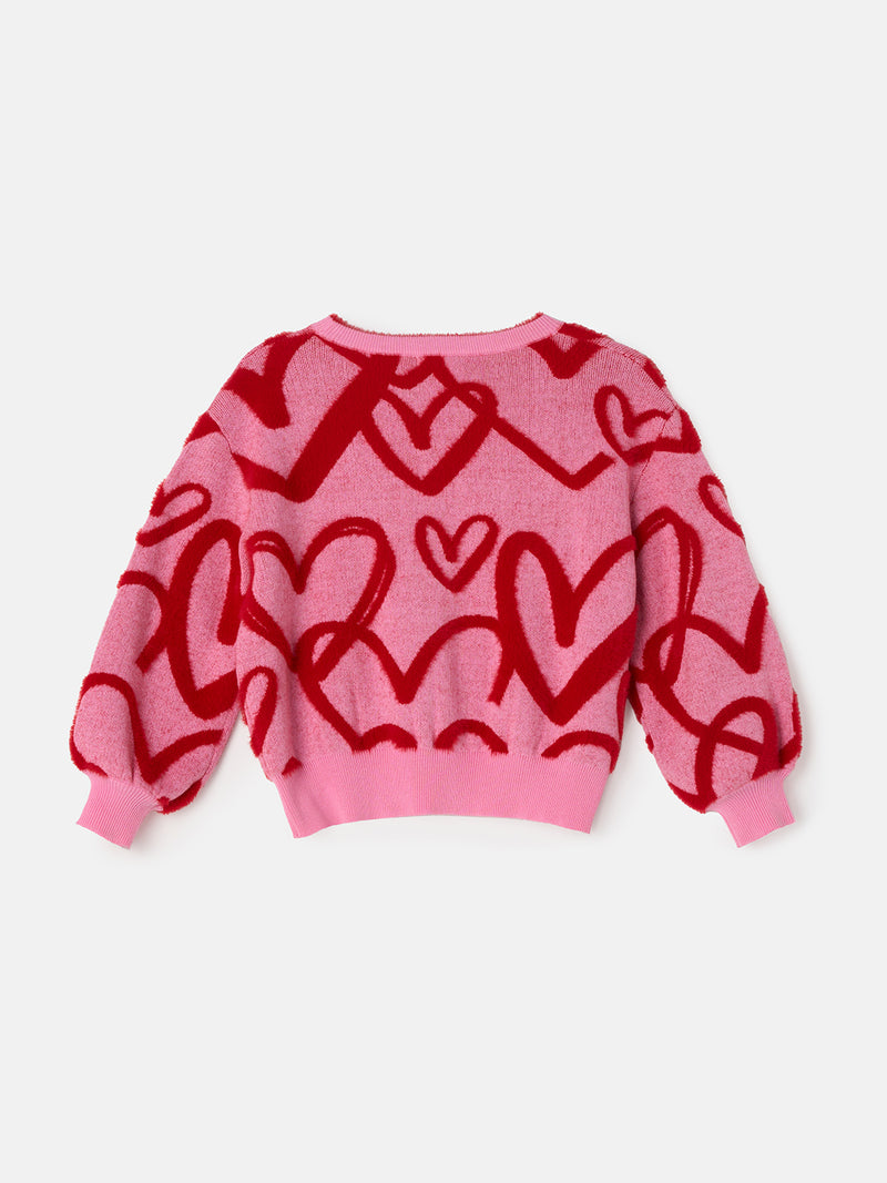 Girls Pink Heart Printed Cuff Sleeve Sweater