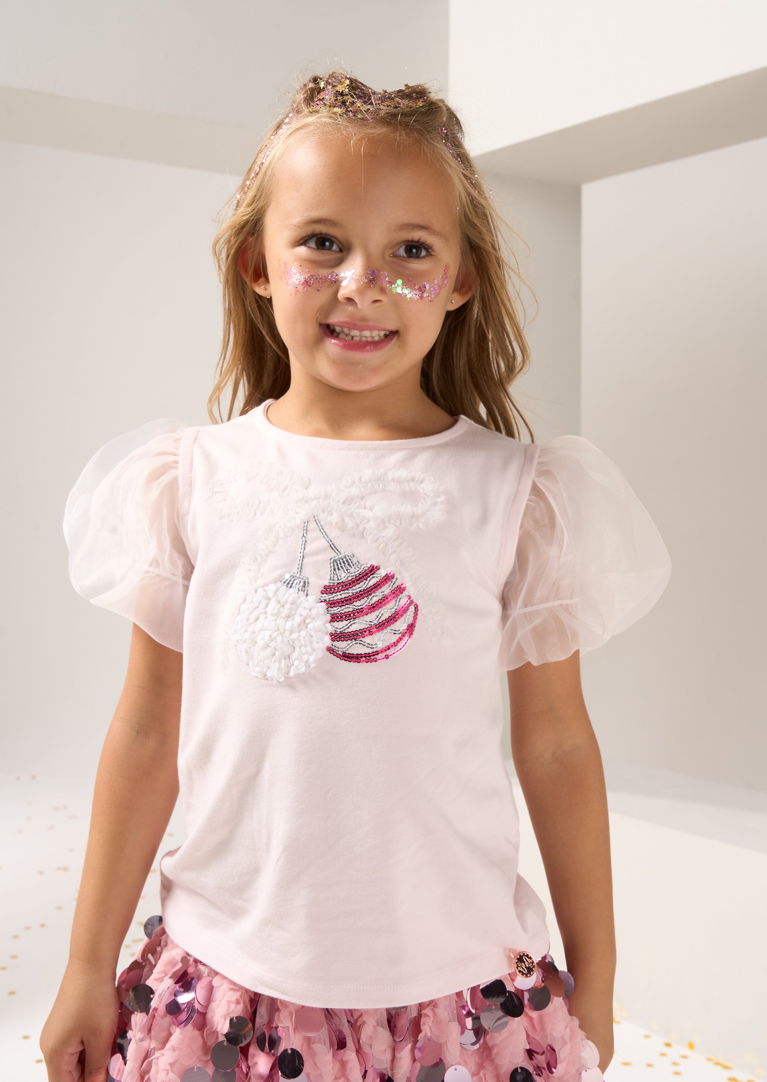 Girls Solid Pink Sequin Embellished Top with Puff Sleeves