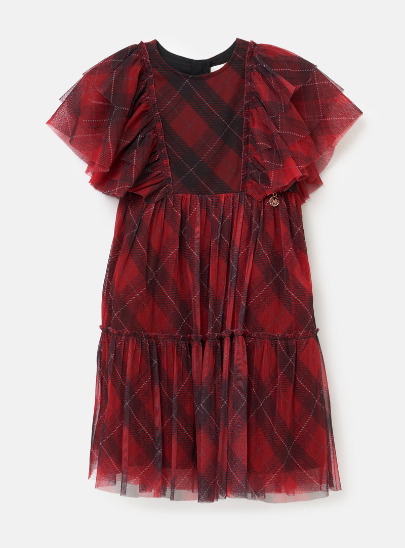 Girls Red Checkered Premium Mesh Dress