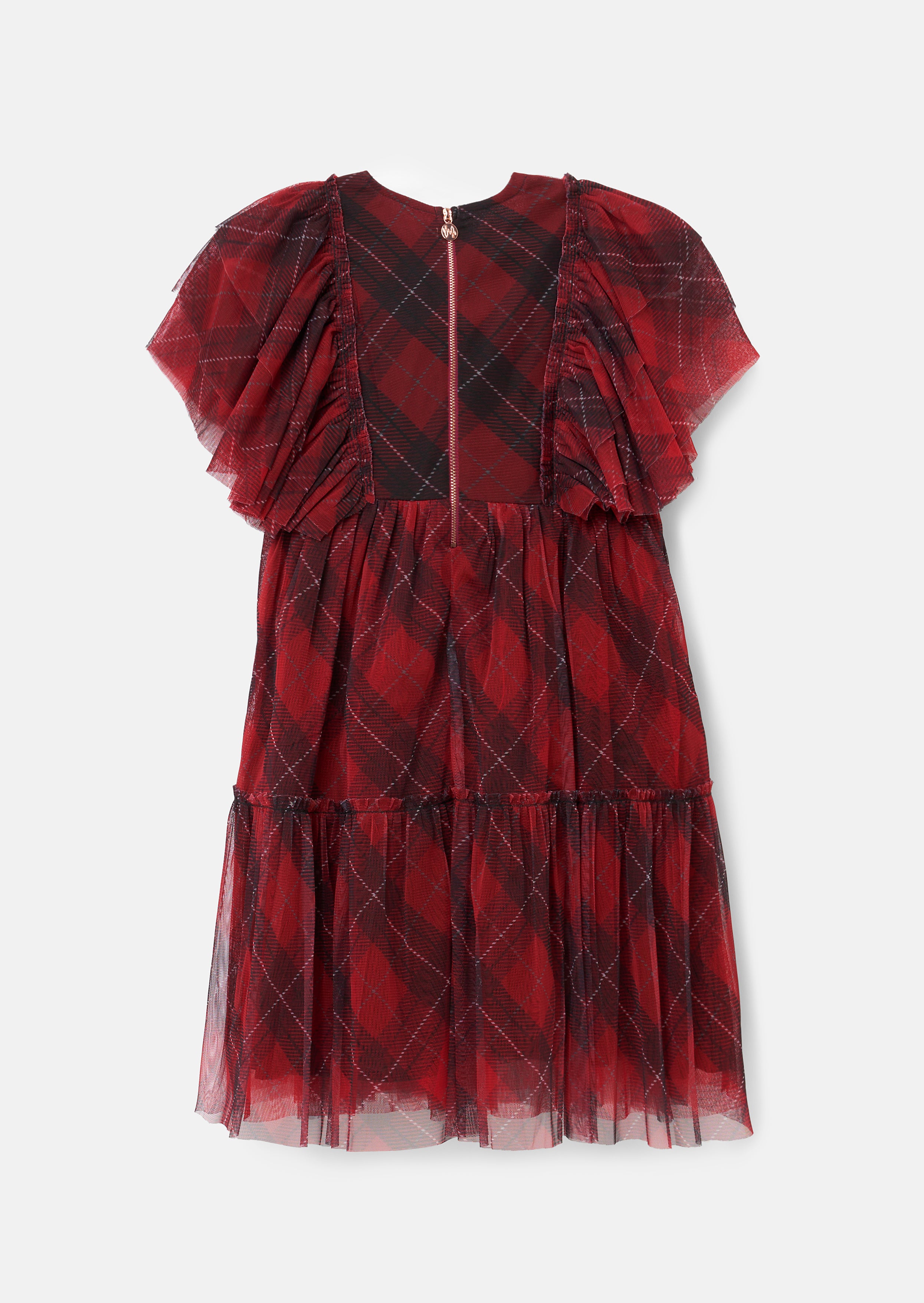 Girls Red Checkered Premium Mesh Dress