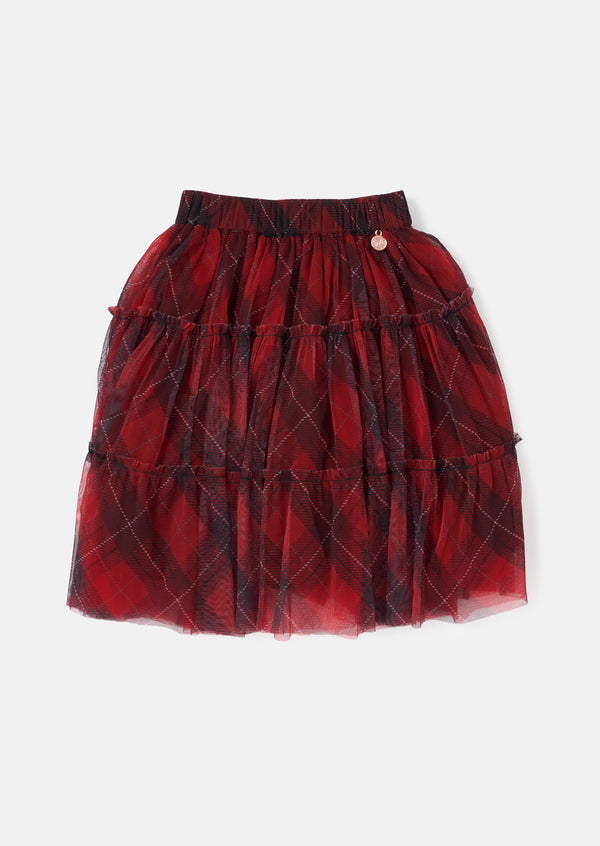 Girls Checkered Red Mesh Tartan Skirt