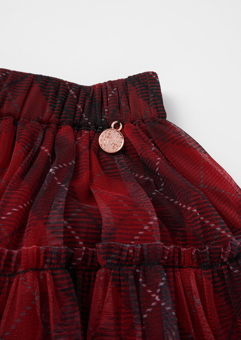 Girls Checkered Red Mesh Tartan Skirt