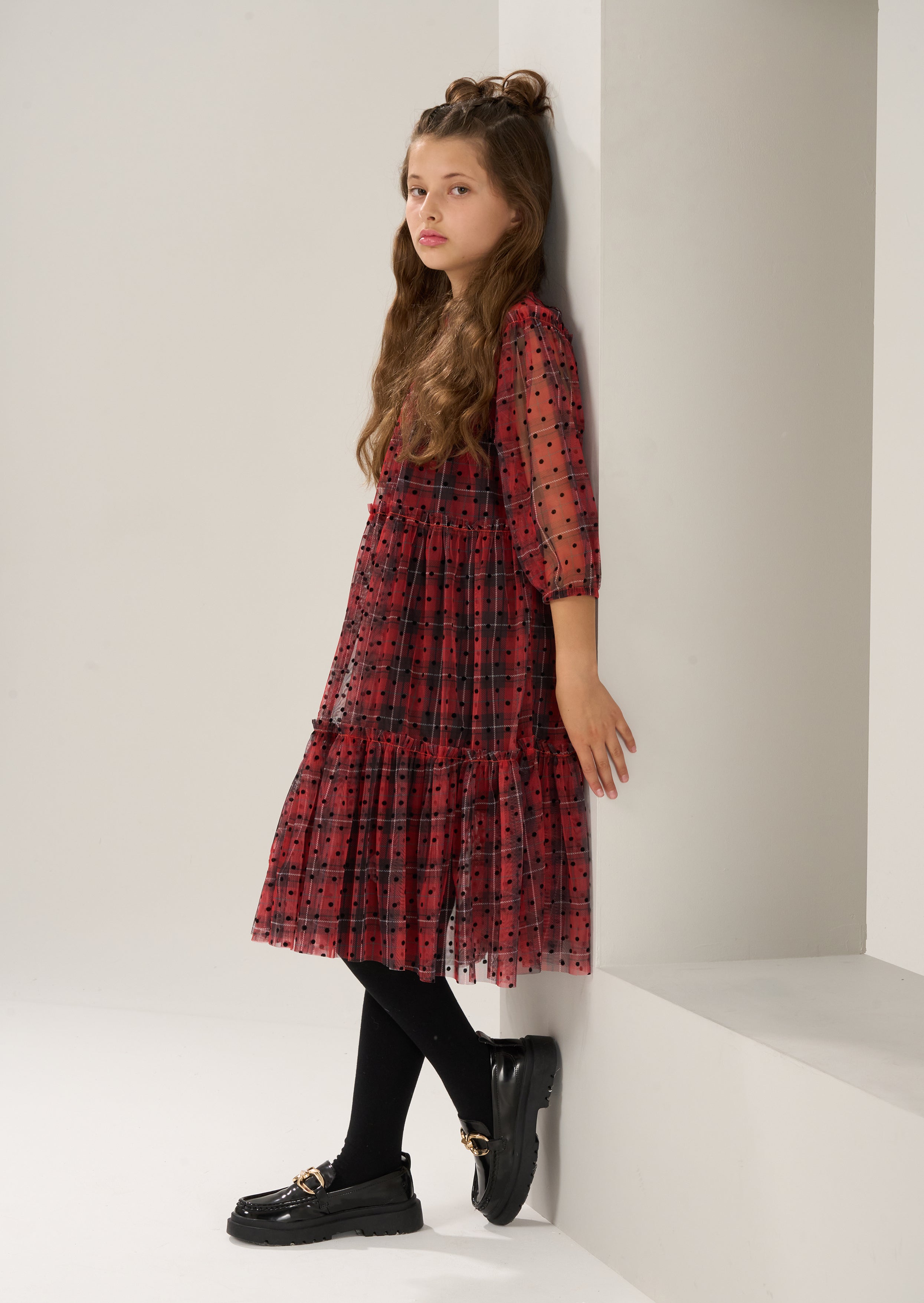 Girls Red Tartan Spot Printed Premium Mesh Dresses