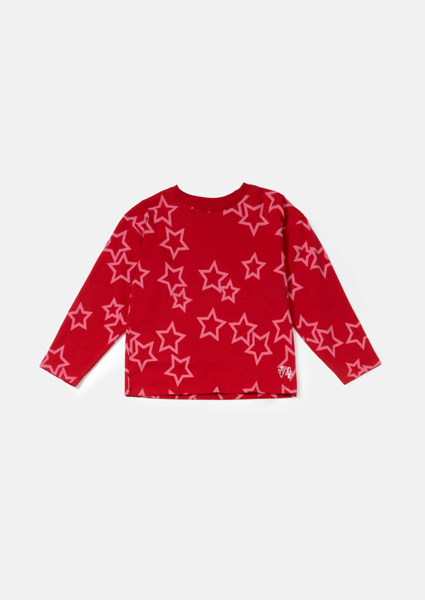 Girls Pink Star Printed Red Co-ordinated Set