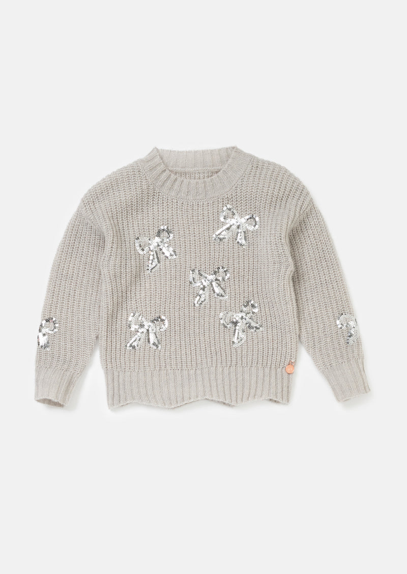 Girls Sequins Bow Embellished Grey Sweaters