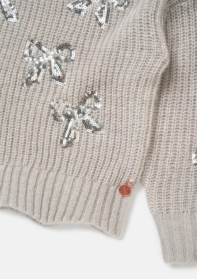 Girls Sequins Bow Embellished Grey Sweaters