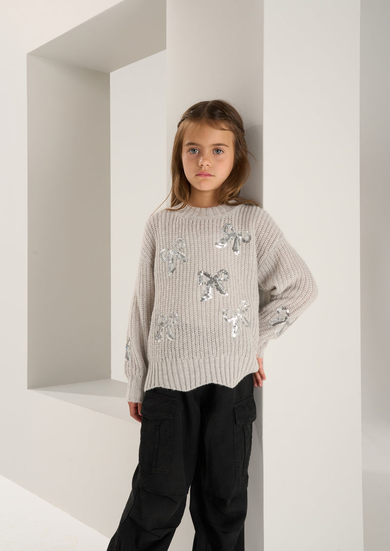 Girls Sequins Bow Embellished Grey Sweaters