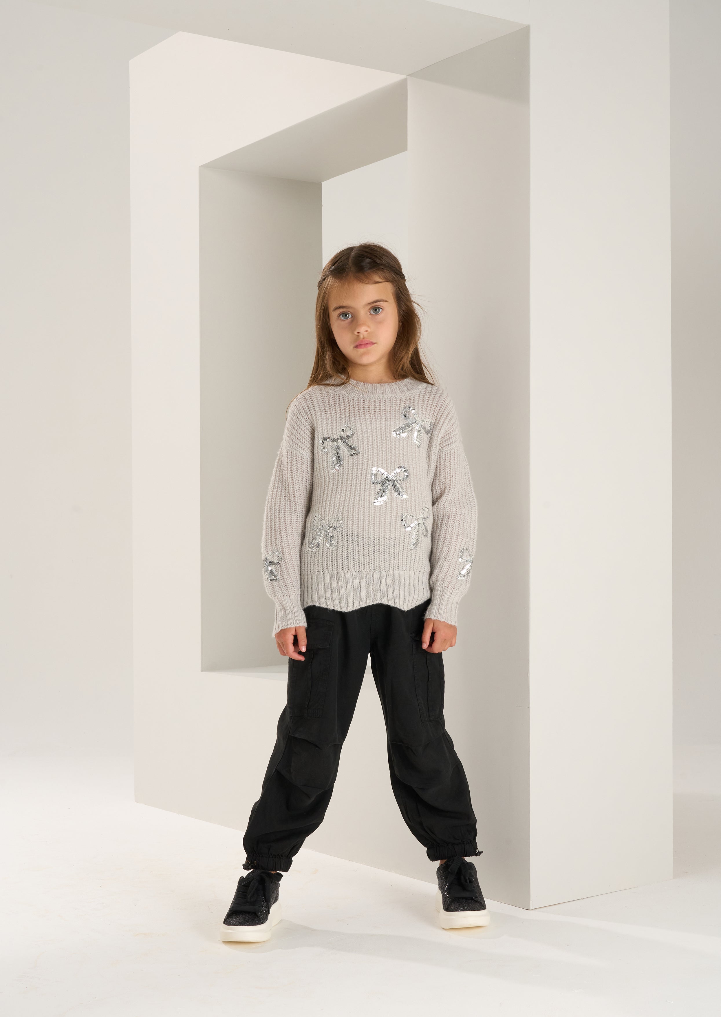 Girls Sequin Bow Embellished Grey Sweaters